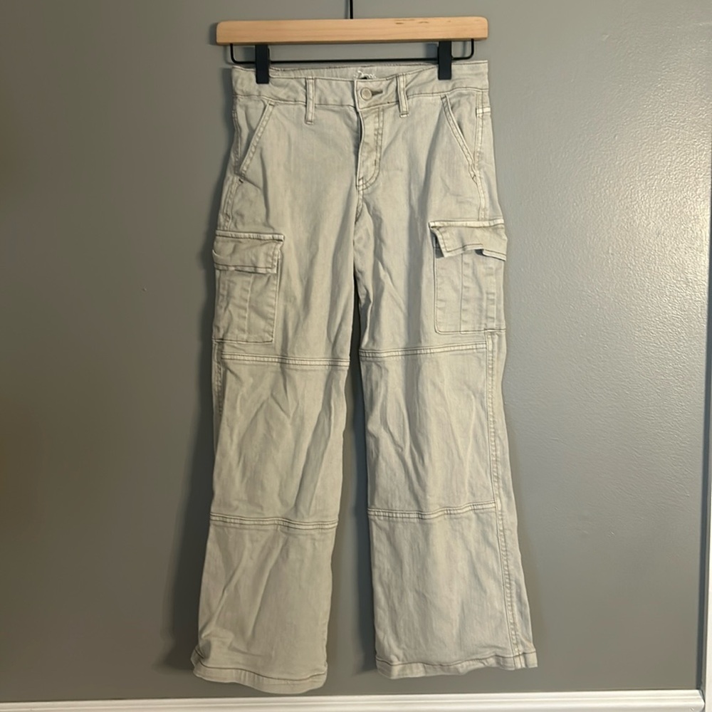 Art Class Mid Rise Wide Leg Cargo Pants, Sz 12, Khaki Jeans, Adjustable Waist